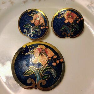 Vtg Cloisonne Enameled Round Floral Butterfly Brooch And Earring Set Navy